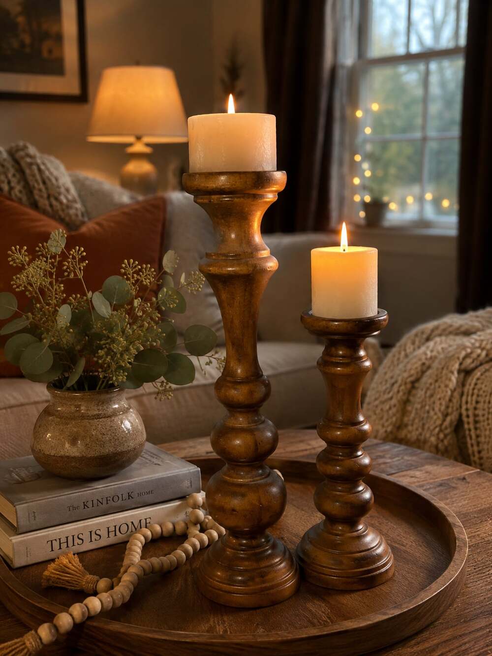 Set of 2 Turned Wood Pillar Candle Holders, Traditional Dark Brown Finish